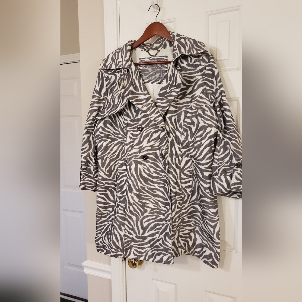 Guess Gray and White Hooded Zebra Rain Coat